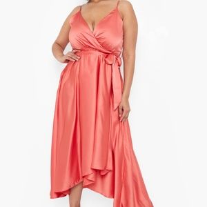 PLUS SATIN BELTED DIPPED HEM SKATER DRESS